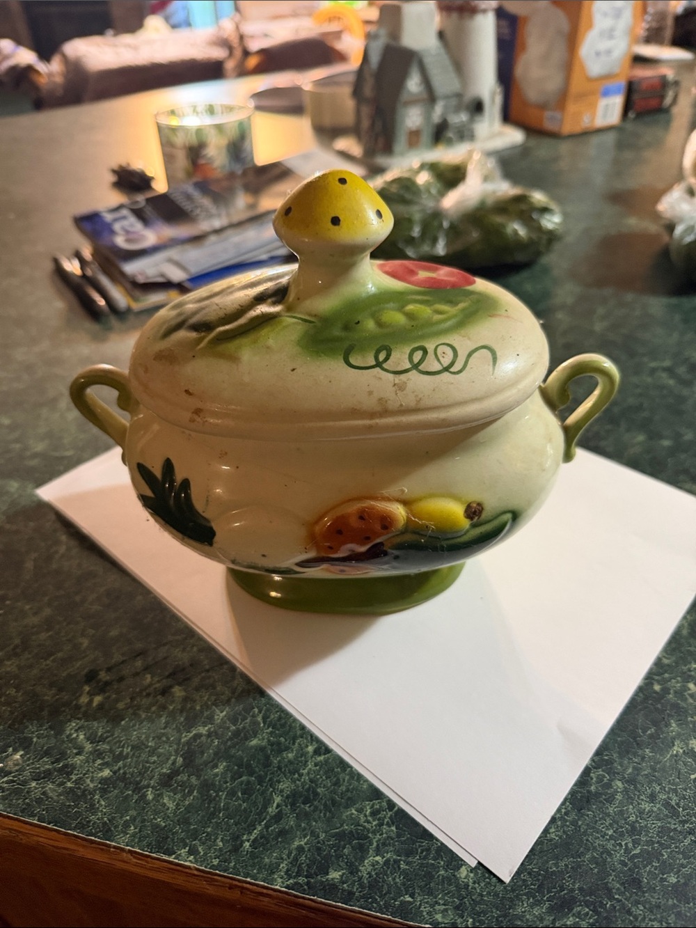 Hand-Painted Ceramic Covered Sugar Bowl in Cream and Green